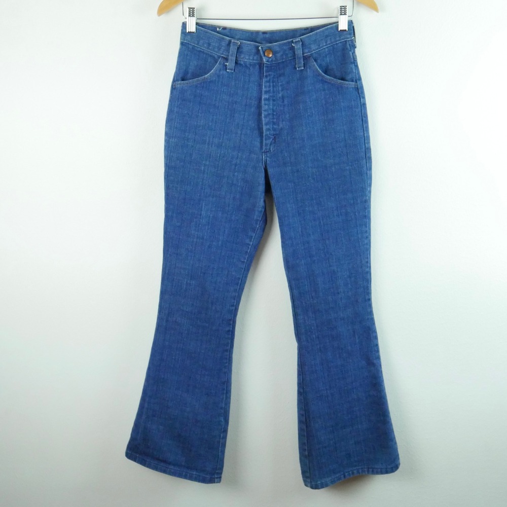 Vintage 70s Maverick Blue Denim Bell Bottom Jeans Hippy Flare Talon Zip 27 x 29